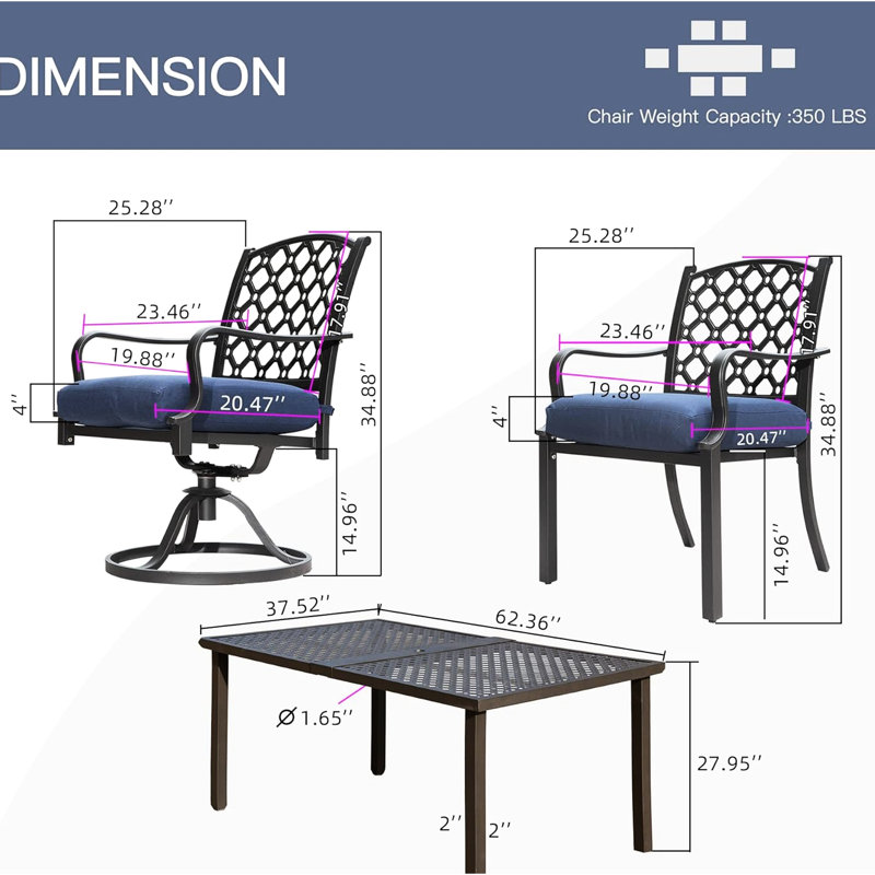 7 Pcs Patio Dining , Metal Construction, Navy Blue Cushions, Stable For Lawn Yard Garden