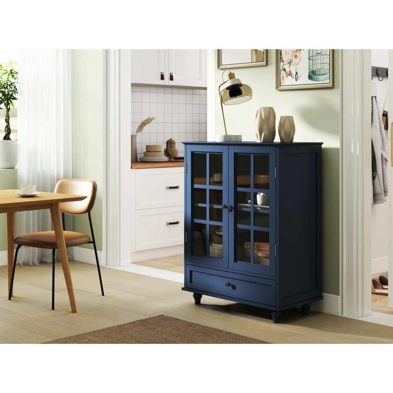 Armoire multifonctionnelle rétro bleue avec tiroir spacieux, portes en verre double et pieds en bois massif, idéale pour la cuisine du salon