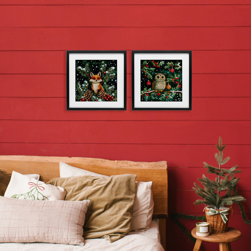 Winter Snowfall Fox & Owl, ensemble de 2 reproductions encadrées sous verre, par Yen, H 13 po x l 13 po, Cadre noir minuit