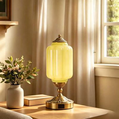 Buckminster 1-Light Lantern Table Lamp with Green Glass Shade for Bedroom