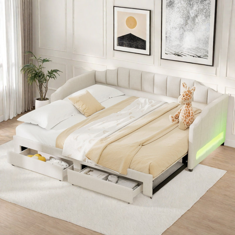Extendable Upholstered Daybed With 2 Storage Drawers And Led Light, Beige