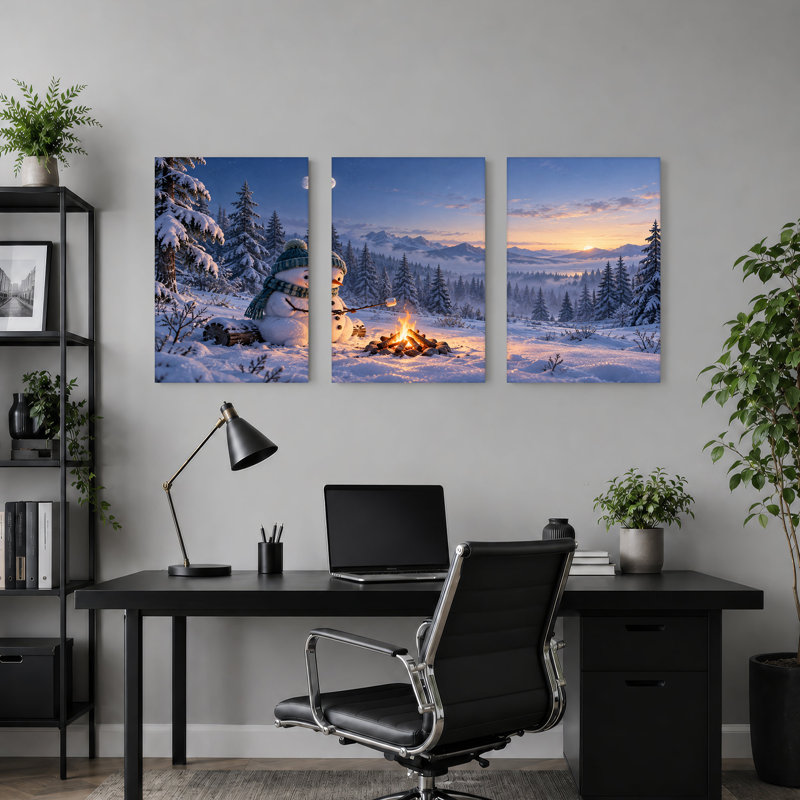 " Snowman Roasting Marshmallow by Campfire Christmas " 3 Piece Art, 48"W x 24"H Overall - 3 Panels