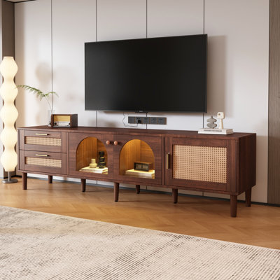 Meuble télé en rotin avec 3 armoires et 2 tiroirs, console multimédia d'inspiration rotin pour téléviseur de 80 po ou moins, meuble télé à DEL, meuble télé pour salon, chambre à coucher, cinéma maison (armoire)