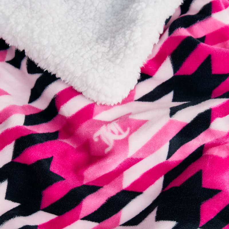 Juicy Couture Plush Reversible Sherpa Throw Blankets, Hot Pink Classic Tweed