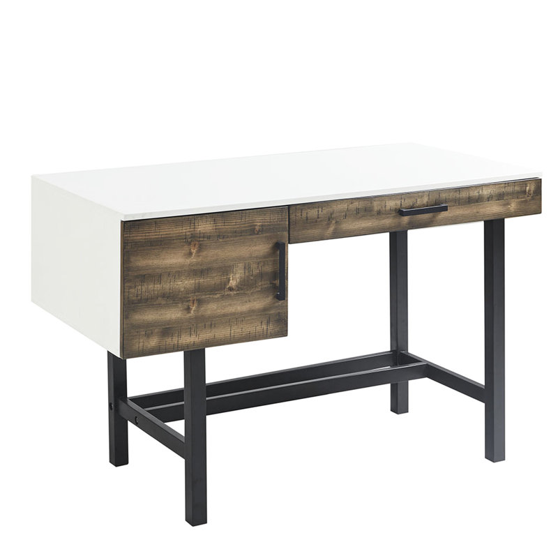 Bureau d'écriture avec espace de travail spacieux: base en bois massif, plateau de table blanc lustré, grand espace de rangement texturé à l'avant brouté: ultrabrillant