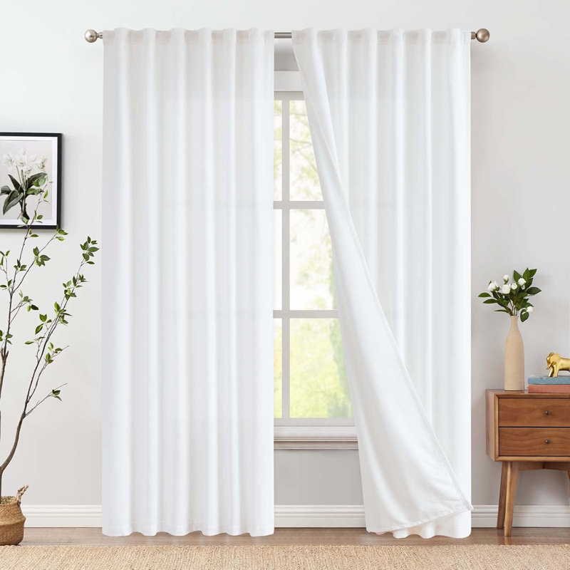 Linen Blend Solid Color Rod Pocket Curtains, Beige, 50" W x 84" L