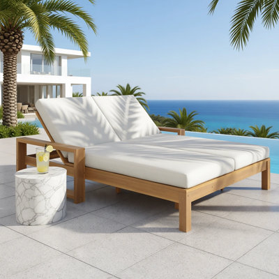 Modern Wood Outdoor Daybed for Two, Double Sun Lounger with Integrated Armrests & Machine Washable Cushions