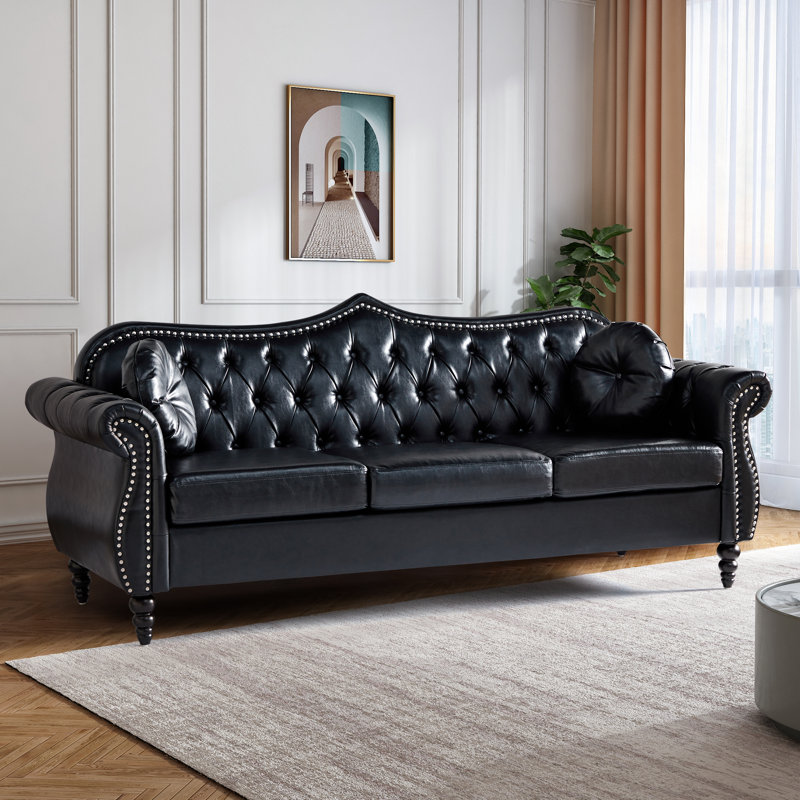 Bilbil 82.67'' Faux Leather Sofa With 2 Toss Pillows, Black Faux Leather