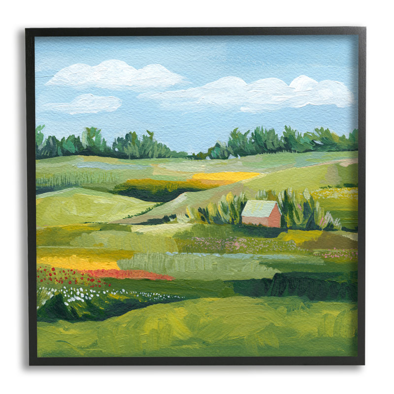 «Peaceful Farmland Fields Greenery» par Grace Popp - Peinture, Giclée encadrée noir minuit, H 12 po x l 12 po x P 1,5 po
