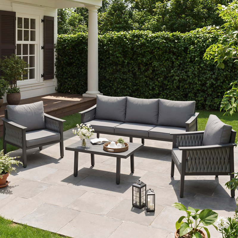 5-Person Outdoor Patio Furniture Set – Aluminum Frame, Handwoven All-Weather Rope, 5-Inch Cushions, Outdoor Conversation Set