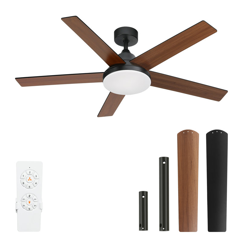 52" 5 - Blade Ceiling Fan With Light & Remote Control, Matte Black, Brown Wood