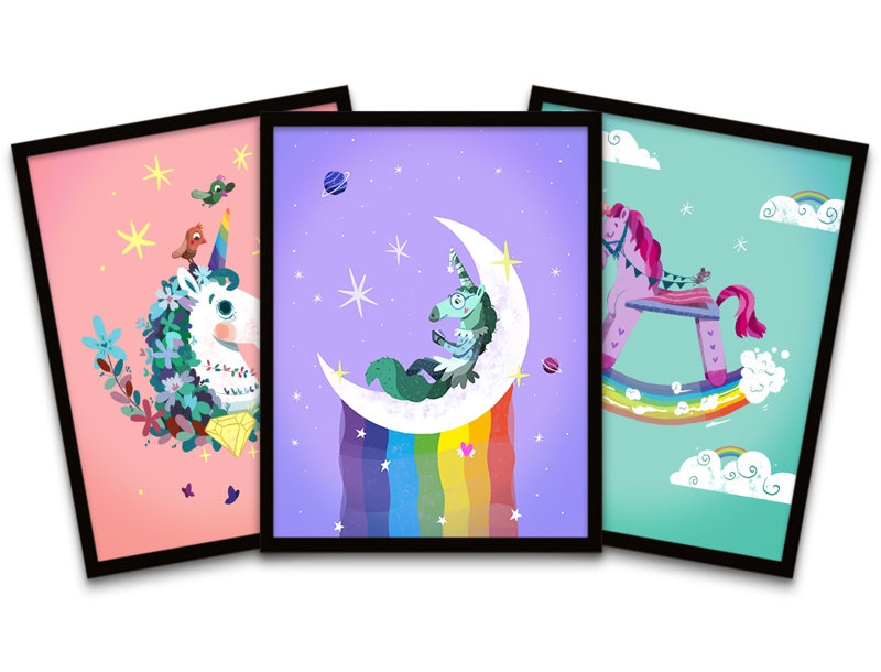 Unicorns Rainbows Moon Stars - 3 Piece Print Set