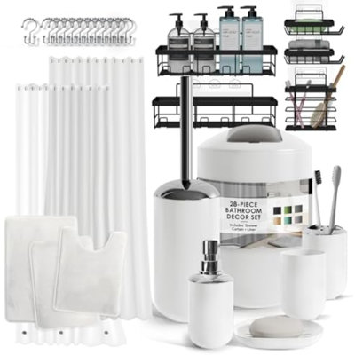 Bathroom Accessories Set - 28PC Bathroom Set With Adhesive Corner Shower Caddy Hanging, Bathroom Sets With Shower Curtain And Rugs, White Shower Curtain Set With Bathroom Trash Can
