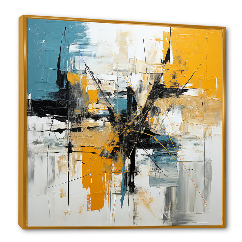 «Blue and Yellow Paint Elegance II», reproduction d'art murale abstraite, Cadre flottant doré, H 36 po x l 36 po x P 1,5 po