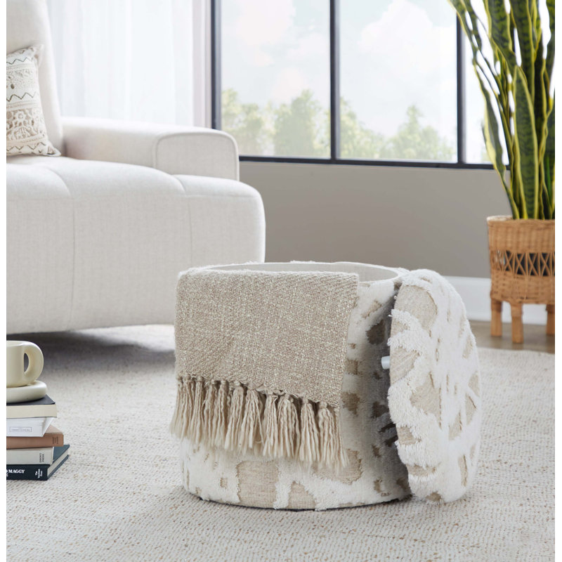 Repose-pieds de rangement 18 po en laine beige Acro avec motif texturé à poils longs