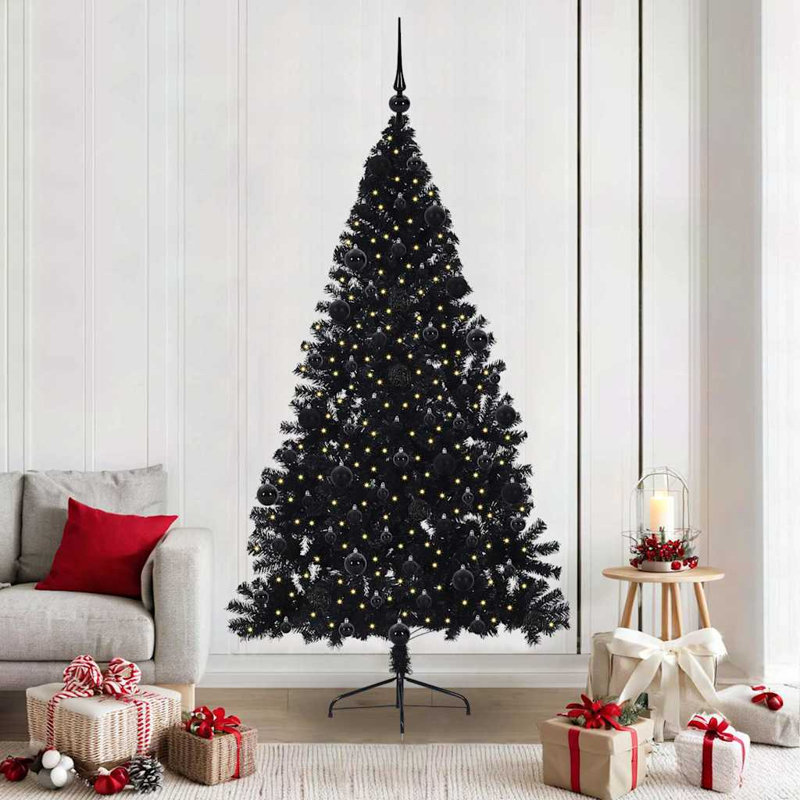 6.89' H Lighted Artificial Christmas Tree, 210 cm, with 120 Black Balls, Black