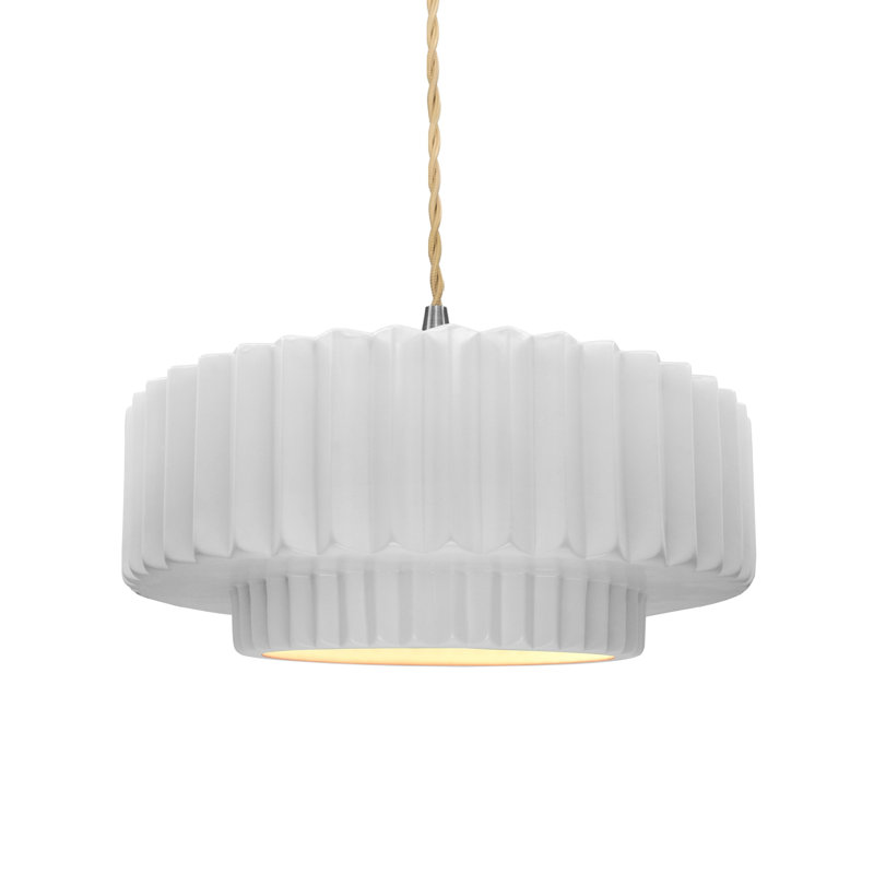 Luminaire suspendu tambour en céramique et en métal 1 lumière Gela, H 5,25 po x l 14,5 po x P 14,5 po, Blanc brillant