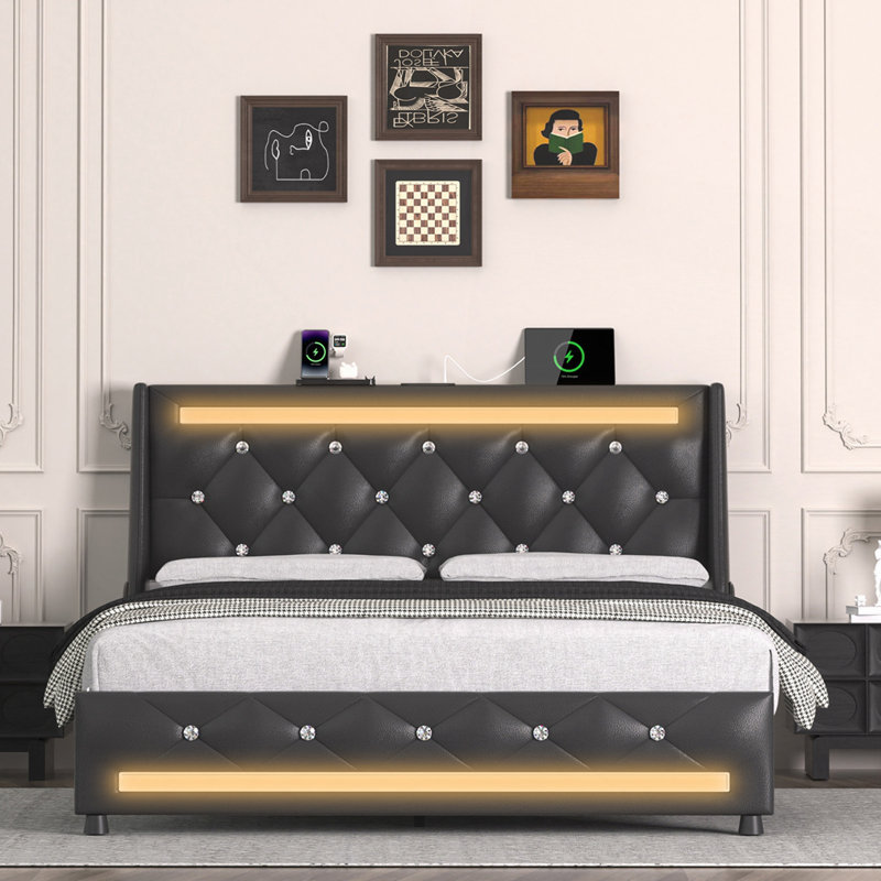 Structure de lit plateforme tapissier, Noir, Full