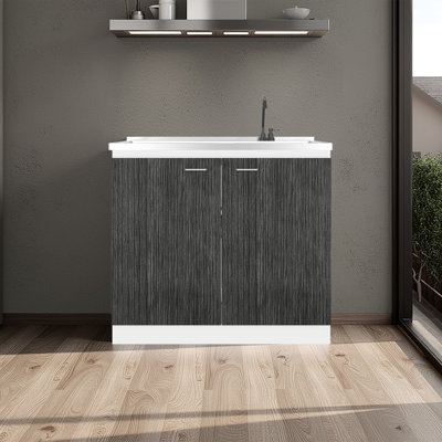 Gray White Utility Sink With Exchangeable Plastic Faucet And Integrated Stainless Steel Counter, Freestanding Cabinet Two Doors Storage Shelves For Kitchen Garage Surface, Interior Home Office Spaces