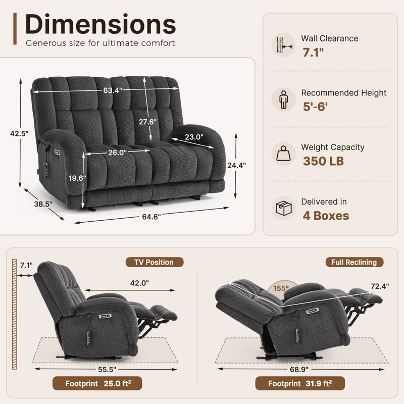Latitude Run Power Recliner Loveseat Sofa With Adjustable Headrest, Heat And Vibration, 64.6" Fabric Electric Reclining Loveseat With USB Charge Ports