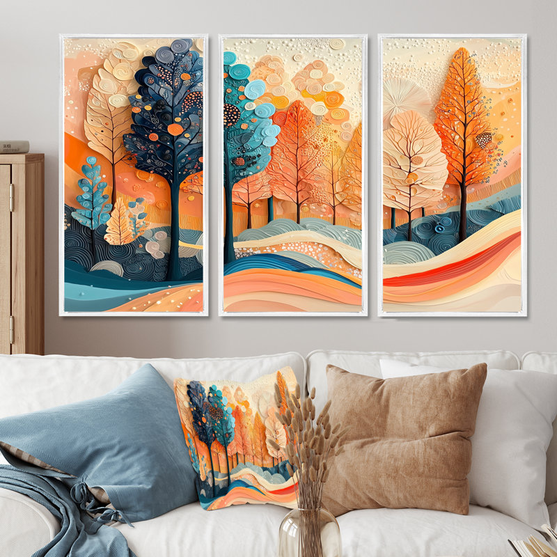«4 Seasons Forest Trees Dream Fragments I», art mural sur toile, 3 panneaux, H 28 po x l 36 po, Blanc
