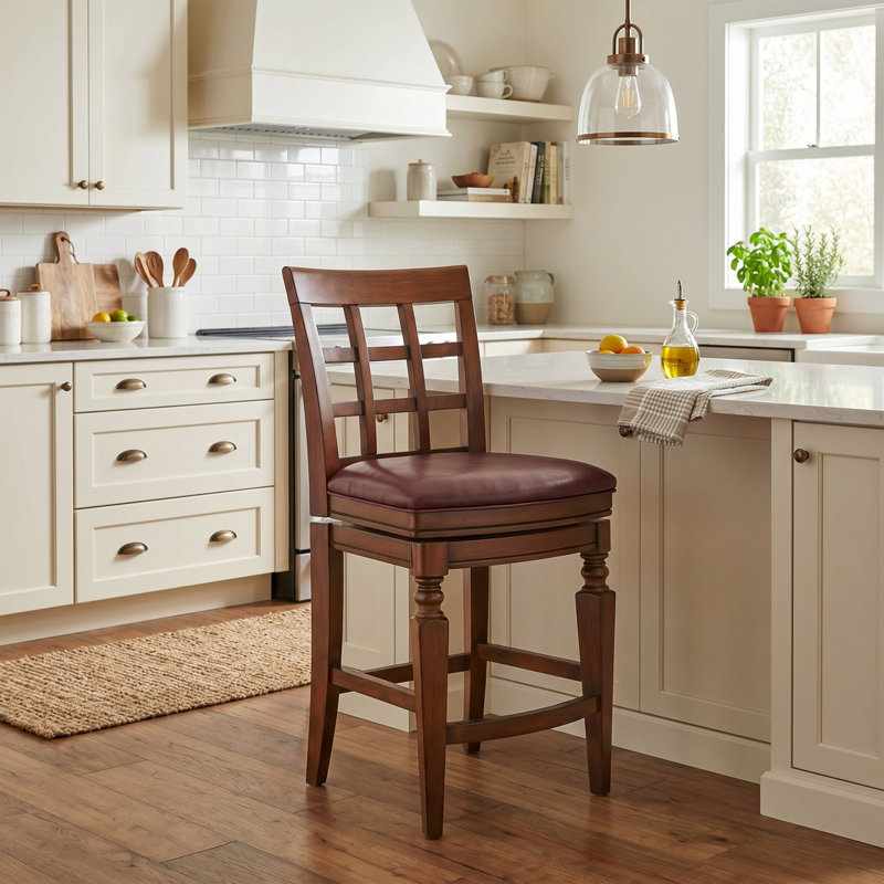 Napa Counter Height Stool with Back, Mahogany - Elegant Trellis Back Design, Faux Leather Upholstery, Foam-Filled Seat, Steel Memory Return Swivel, Seat Height 26 in. , Footrest at 6 3/4 in., Single