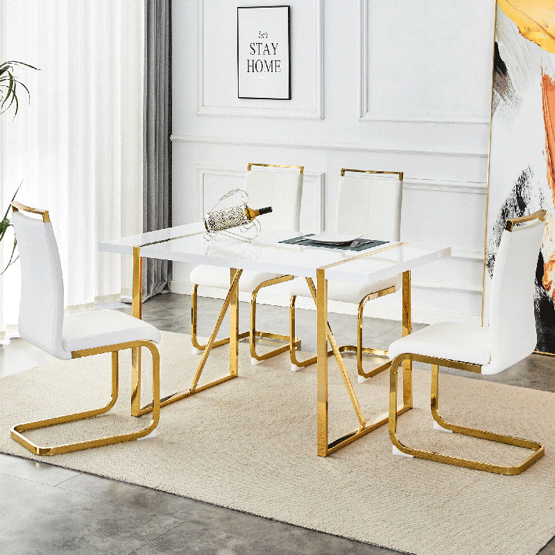 Donnetta 5-Piece Modern Rectangular Engineered Wood Dining Set with Faux Leather Chairs, White/Gold, White