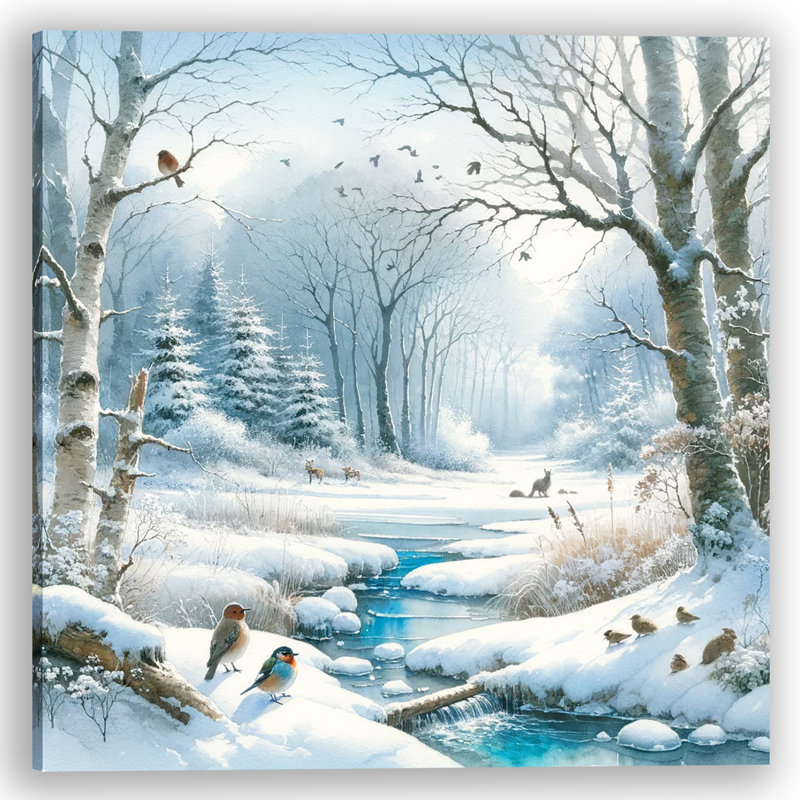 Frosty Morning Melody: Birds and Deer par a Winter Stream - impression sur toile tendue, H 20 po x l 20 po x P 1,5 po