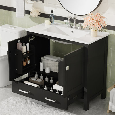 Modern Bathroom Vanity with Ceramic Sink, Durable MDF, and Overflow Protection for Small to Medium Spaces
