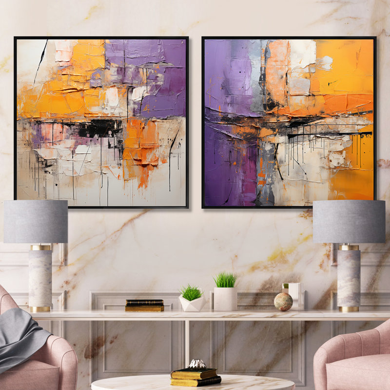 "Collage géométrique gris beige", 2 pièces, Cadre flottant noir, H 36 po x l 73 po