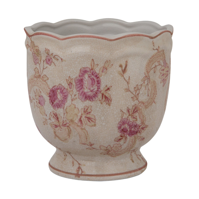 Pot à fleurs festonné en grès avec motif botanique