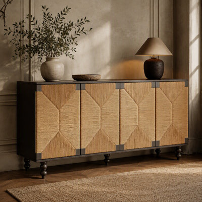 Accent Natural Sideboard Buffet Cabinet Storage Wood TV Stand in Wire-Brushed and Seagrass Doors Sideboard, for Hallway, Entryway or Dining Room