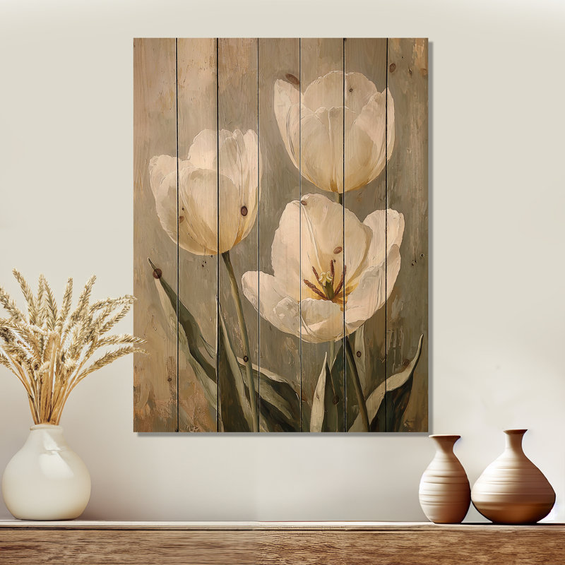 Danse de sérénité blanche - Art mural en bois de tulipes - sur bois de pin naturel, H 44 po x l 34 po x P 0,78 po