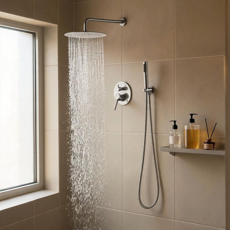 Système de douche mural en laiton nickel brossé 10 pouces avec pomme de douche à pluie haute pression et ensemble de douche à main