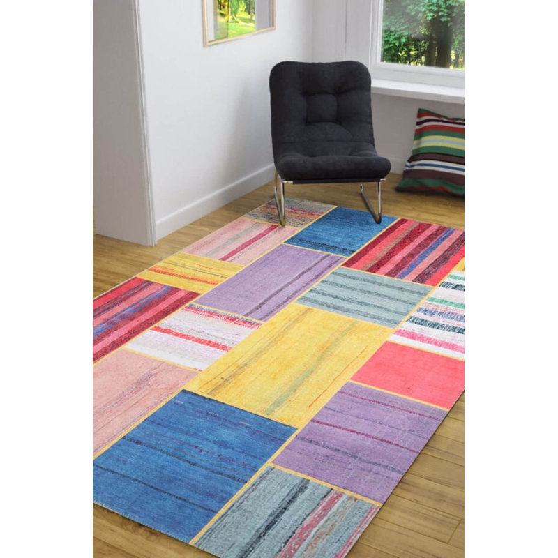 Colorful Patchwork Woven Base Decorative Carpet, Rectangle 3'10" x 5'3"