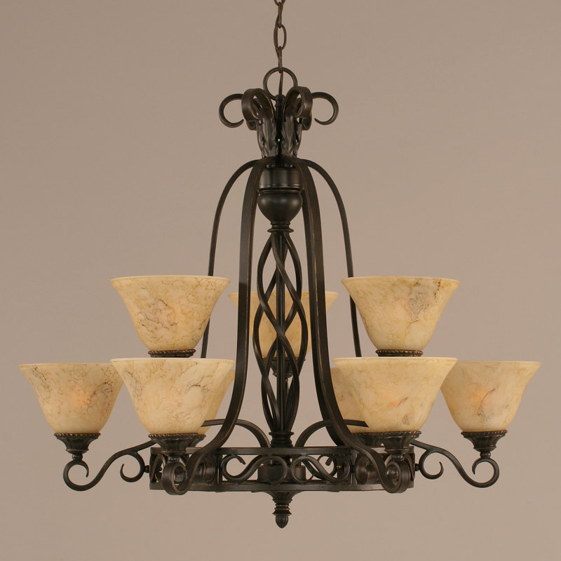 Lustre 9 lumières Pierro Eleganté illustré en finition granit foncé avec verre de marbre italien de 7 po