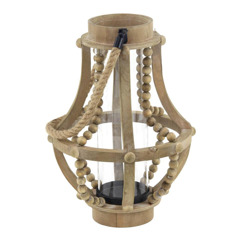 16" H Reclaimed Wood Beaded Candle Lantern