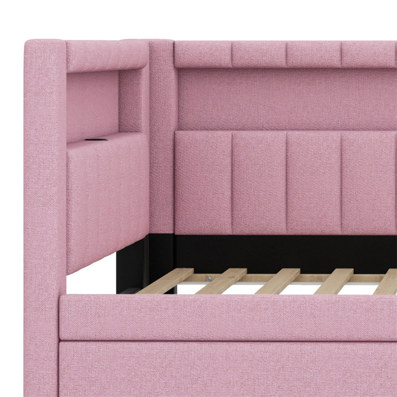 Lit plateforme tapissier avec ports USB et ceinture à DEL, avec lit gigogne, Rose