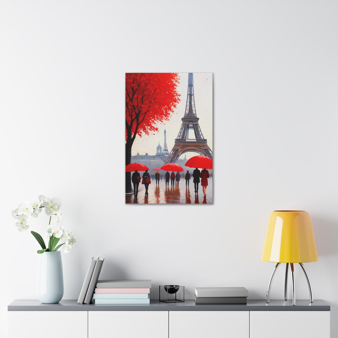 Paris Eiffel Tower Crowd With Red Umbrella France Canvas Artwork Breathtaking French City