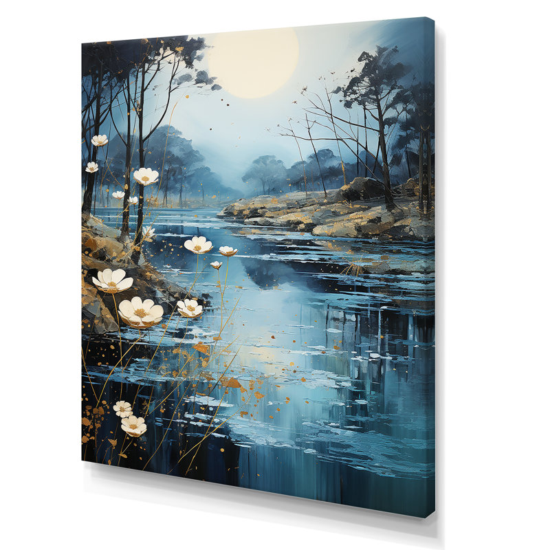 «Blue Moonlit River Blooms I», art mural rivière, Toile tendue, H 32 po x l 16 po x P 1 po