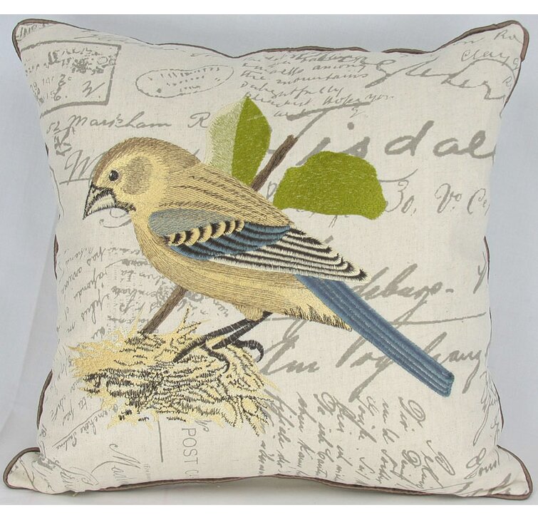 Avian Embroidered Cotton Blend Reversible Throw Pillow