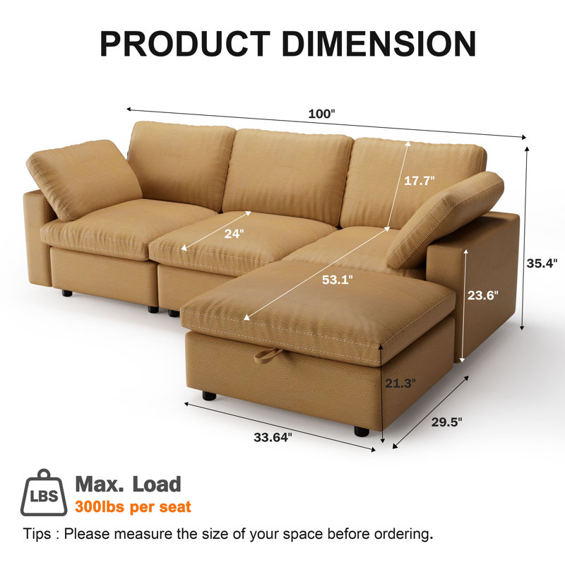 100" Pu L Shaped Sectional Couch ,Modern Modular Sofa With Deep Seat,Couches For Living Room Bedroom, Brown