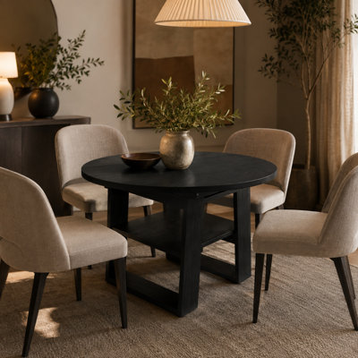 Vonnie 43.3"-59" Extendable Round-to-Oval Dining Table for 4-6 with Self-Storing Butterfly Leaf, H-Shaped Base & Storage Shelf