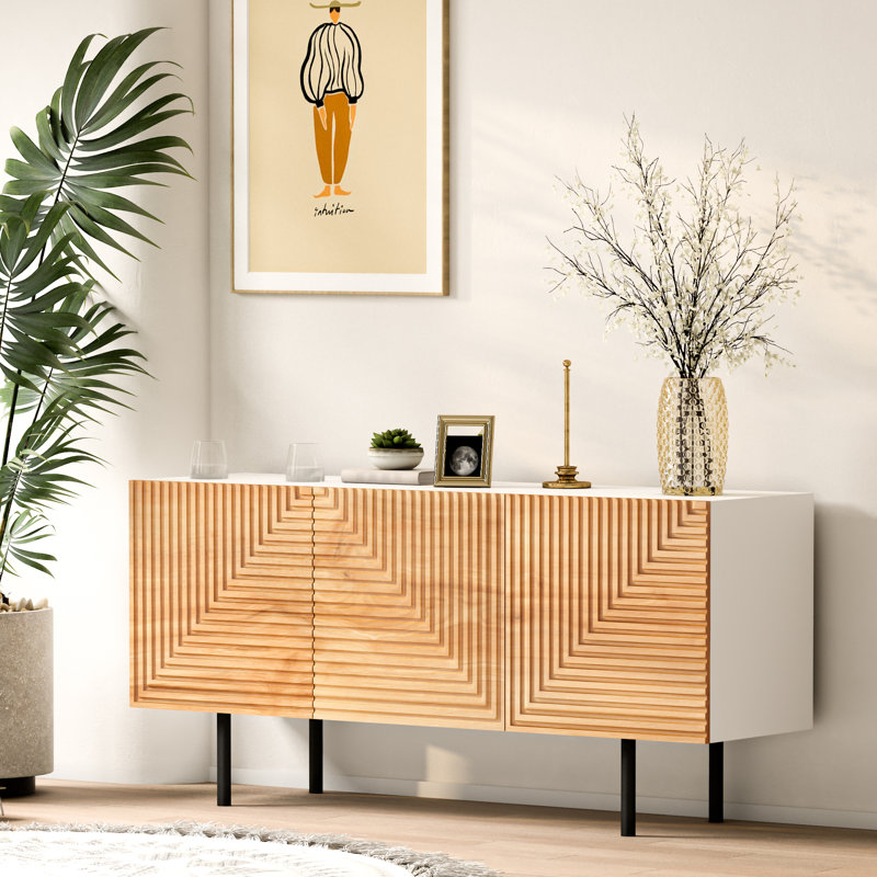 57" Black and Natural Wood Mid Century Modern TV Stand with Cabinet
