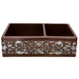 33" Hammered Copper Apron Front 60/40 Double Basin Kitchen Sink w/ Scroll Design and Nickel Background