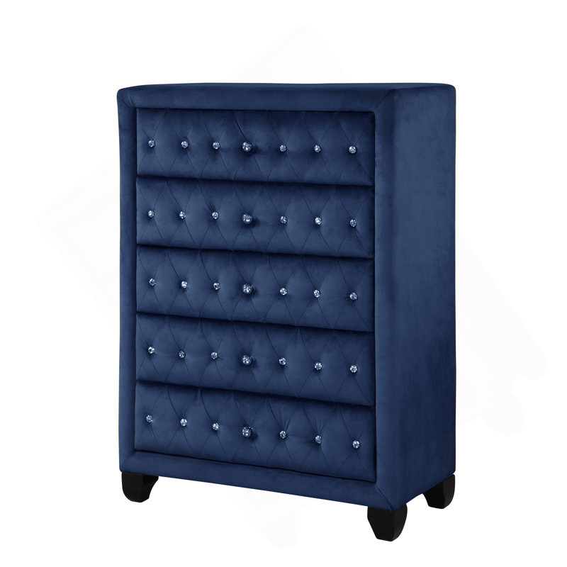 Commode capitonnée en cristal de style moderne avec 5 tiroirs et tissu en velours bleu, Bleu