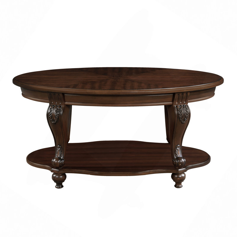 Table basse ovale en bois de 42 po pour le salon, table basse en bois massif à 2 niveaux avec tablette de rangement ouverte