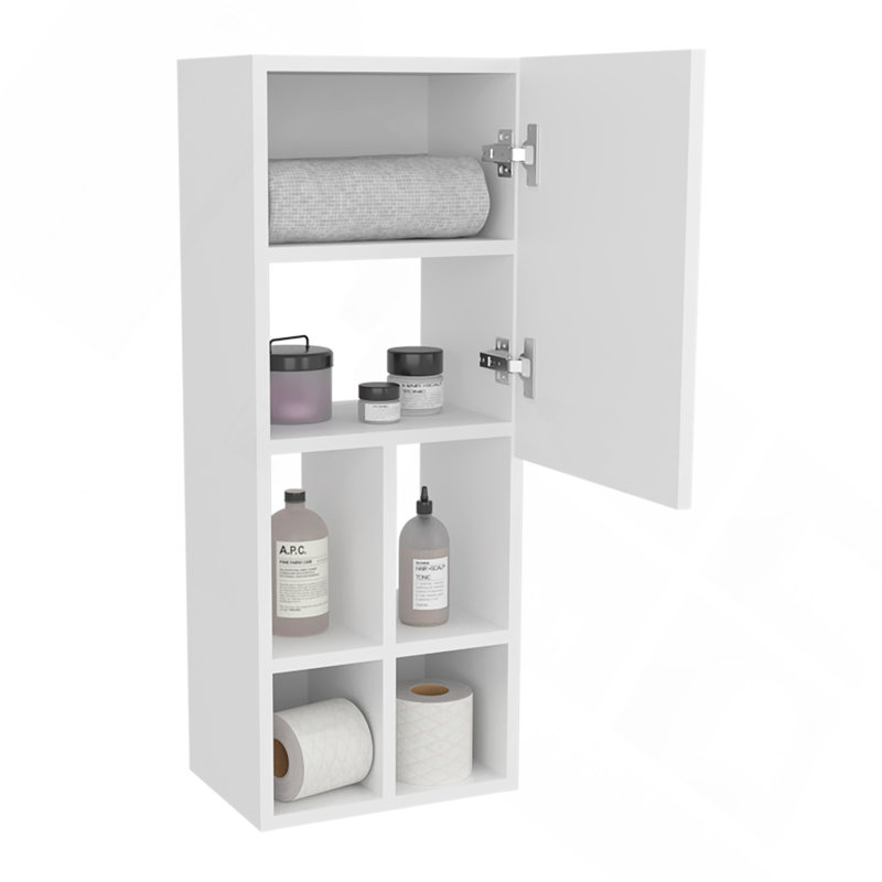 Armoire murale pour salle de bain, une porte, organisateur pour articles de toilette et serviettes, blanc