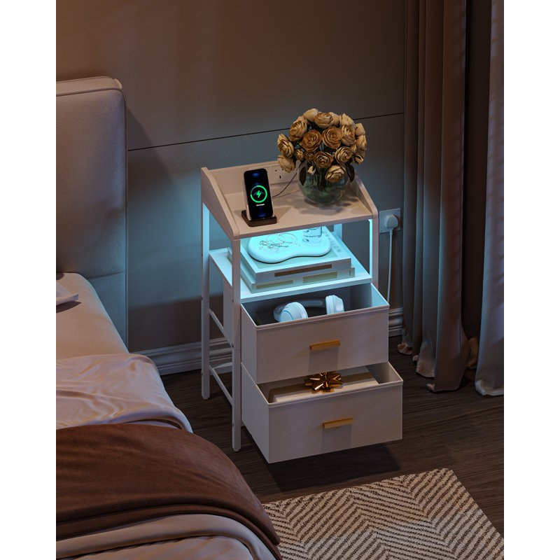 Bedside Table with LED Lights and Charging Station, Bedside Cabinet with 2 Fabric Storage Drawers, Nightstand with USB Ports & TypeC for Bedroom, Livingroom 