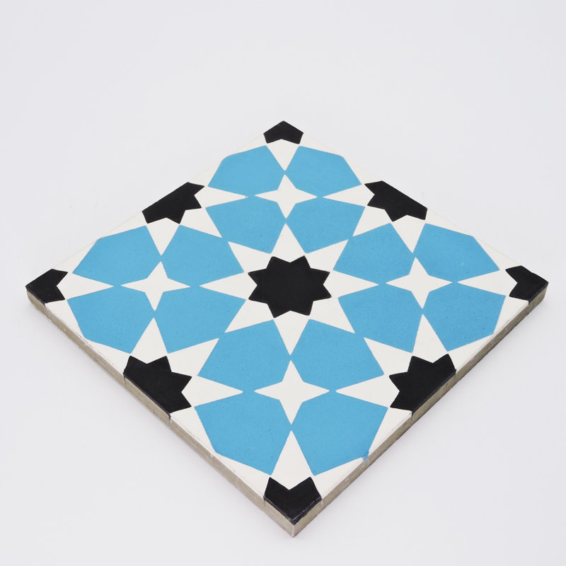 Medina 8" x 8" Cement Patterned Wall & Floor Tile, Blue/White/Black